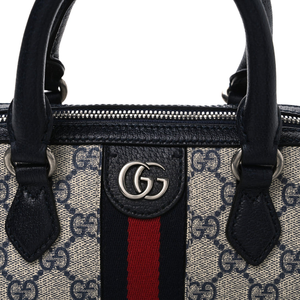 GG Supreme Monogram Textured Dollar Calfskin Web Mini Ophidia Top Handle Bag Beige Blue
