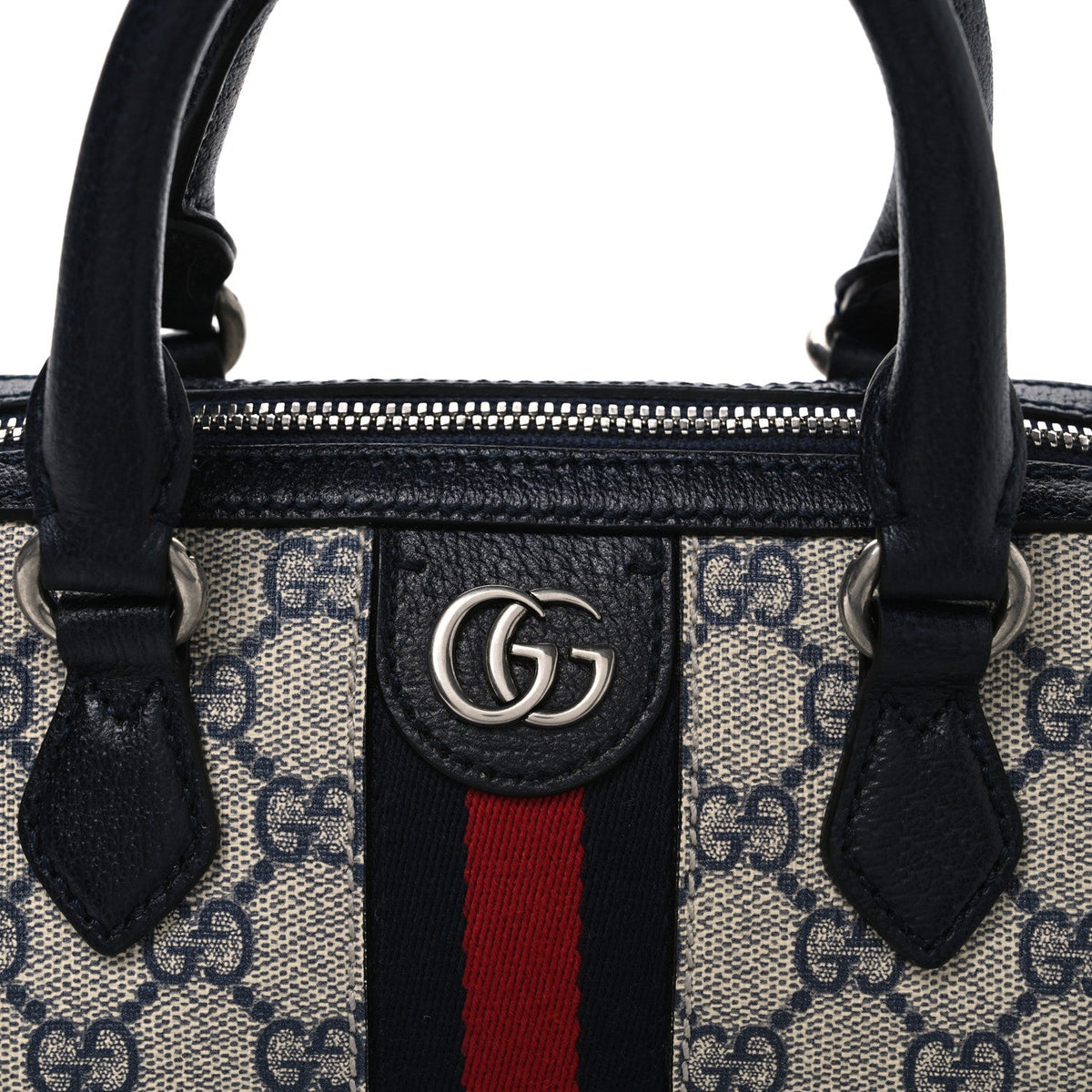 GG Supreme Monogram Textured Dollar Calfskin Web Mini Ophidia Top Handle Bag Beige Blue