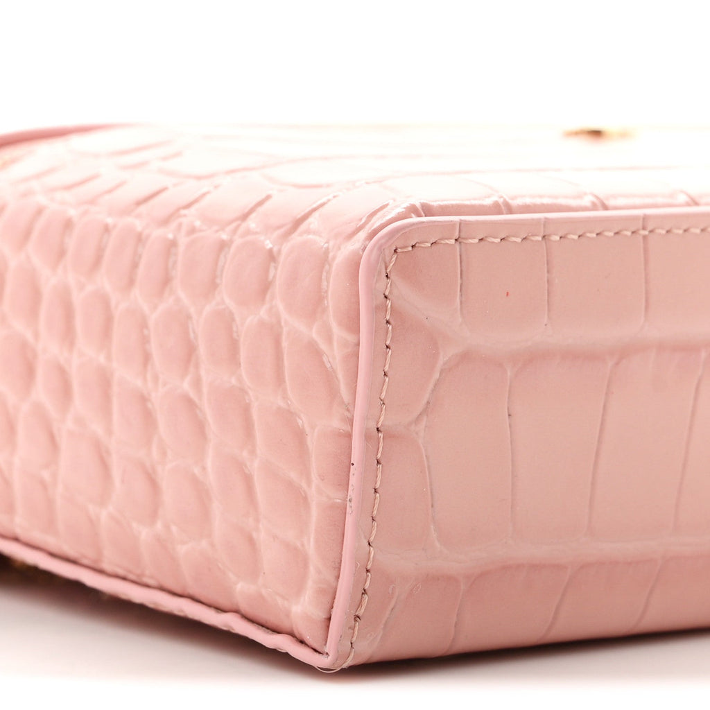 Calfskin Crocodile Embossed Crococo Top Handle Slim Vanity Case With Chain Light Pink