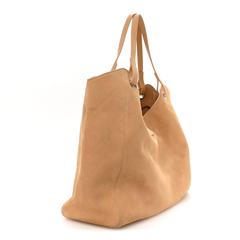 Nubuck Caviar Quilted Maxi Shopping Bag Beige