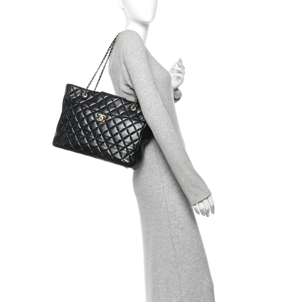 Shiny Lambskin Quilted Medium Shopping Tote Black