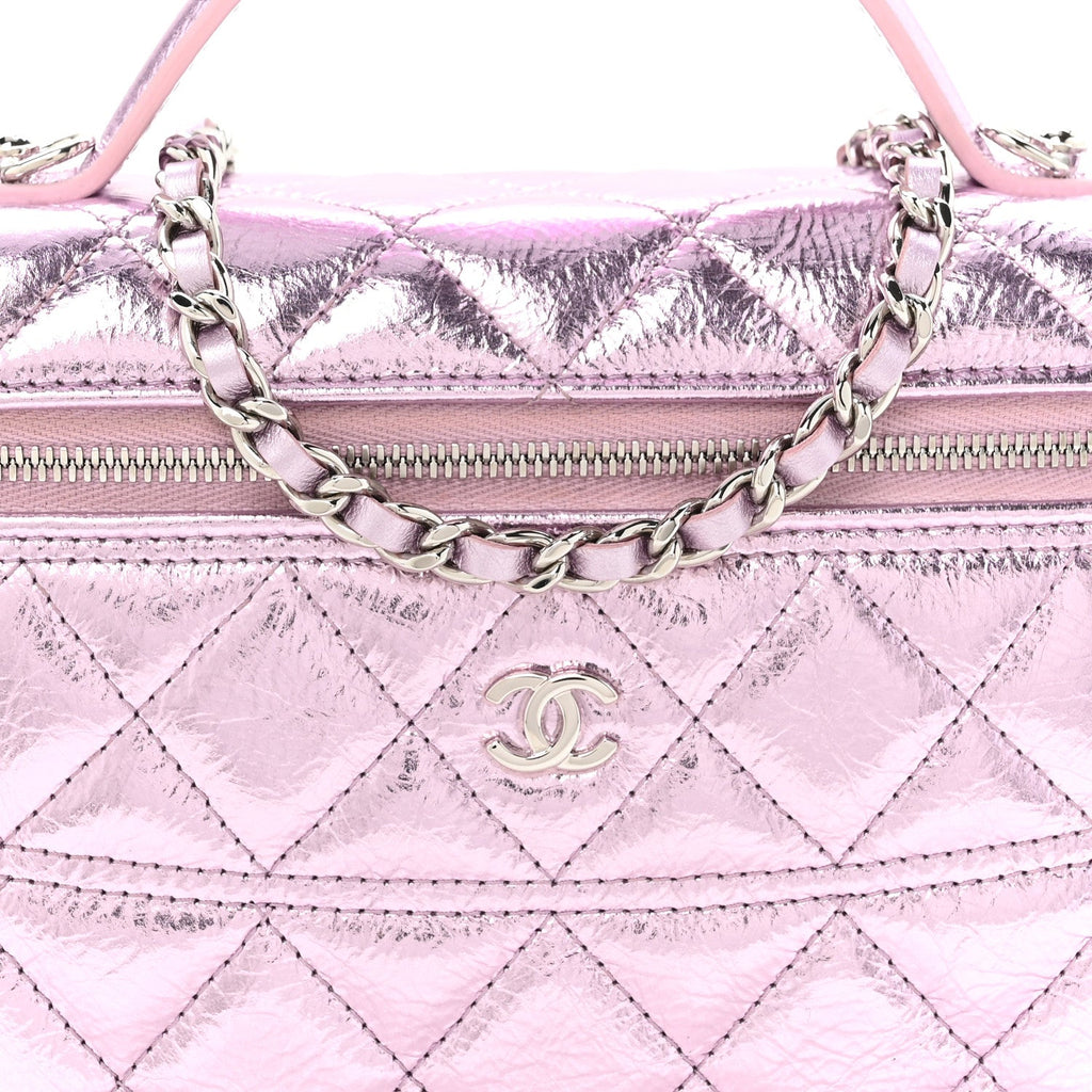Metallic Calfskin Quilted Slim Vanity With Chain Pink
