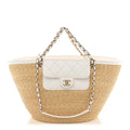 Raffia Braided Lambskin Large Wicker Tote Beige White