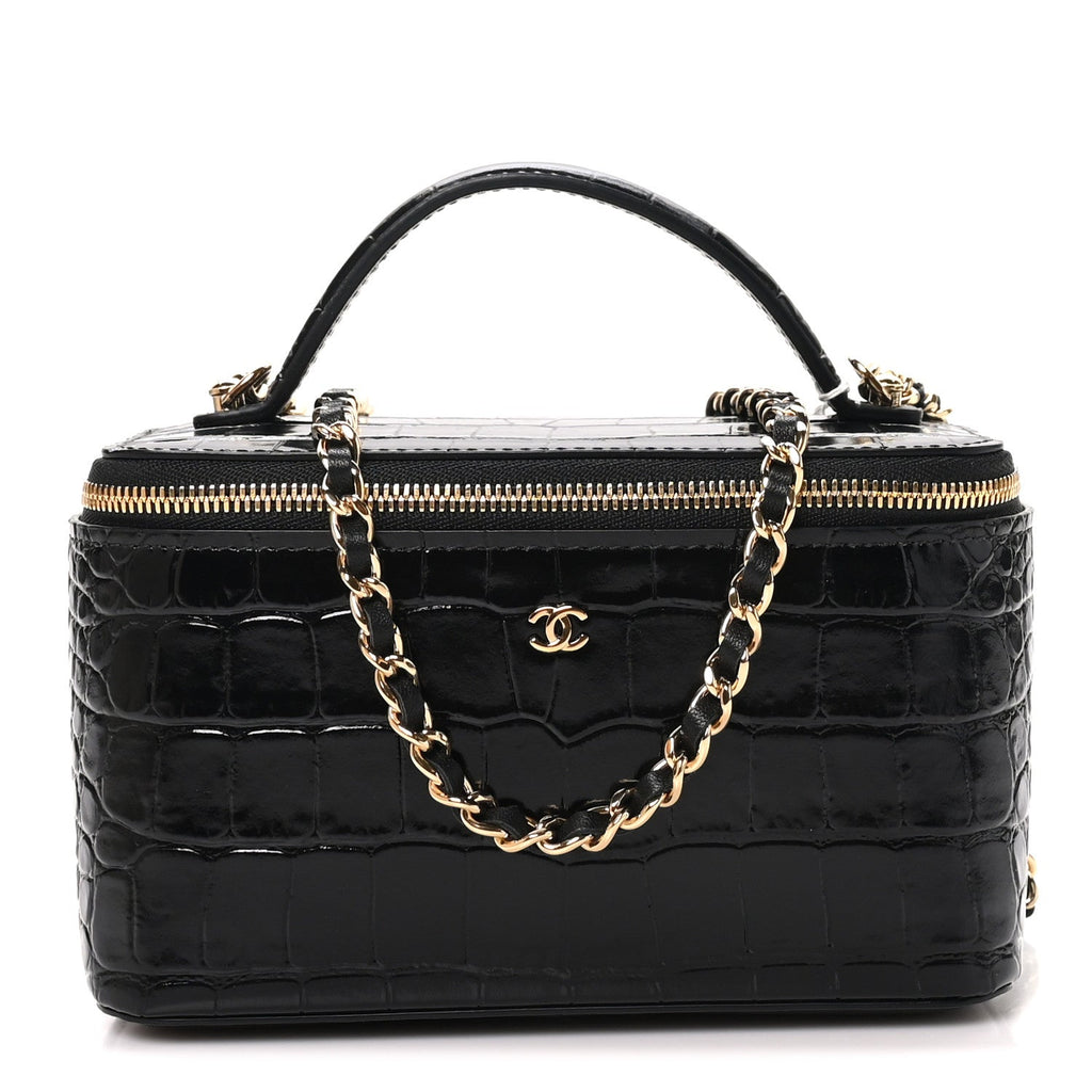 Calfskin Crocodile Embossed Crococo Small Top Handle Vanity Case With Chain Black