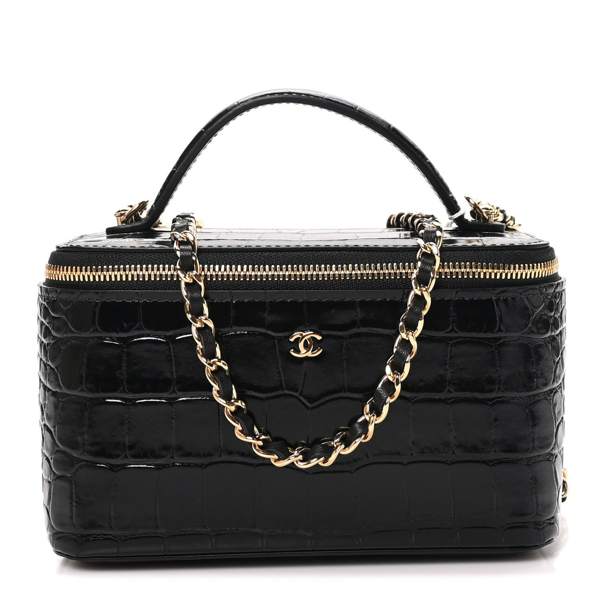 Calfskin Crocodile Embossed Crococo Small Top Handle Vanity Case With Chain Black