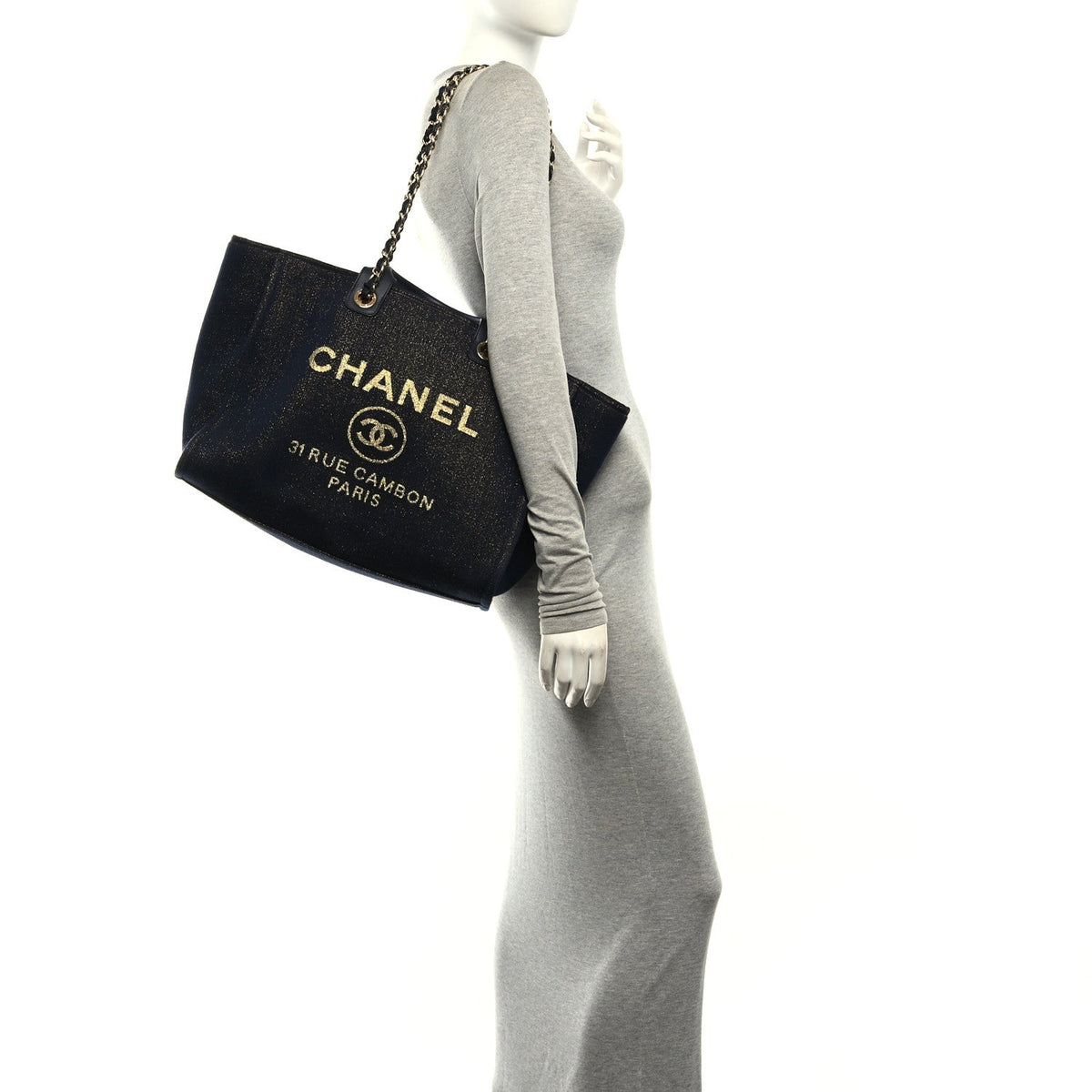Lurex Canvas Medium Deauville Tote Navy Blue Gold
