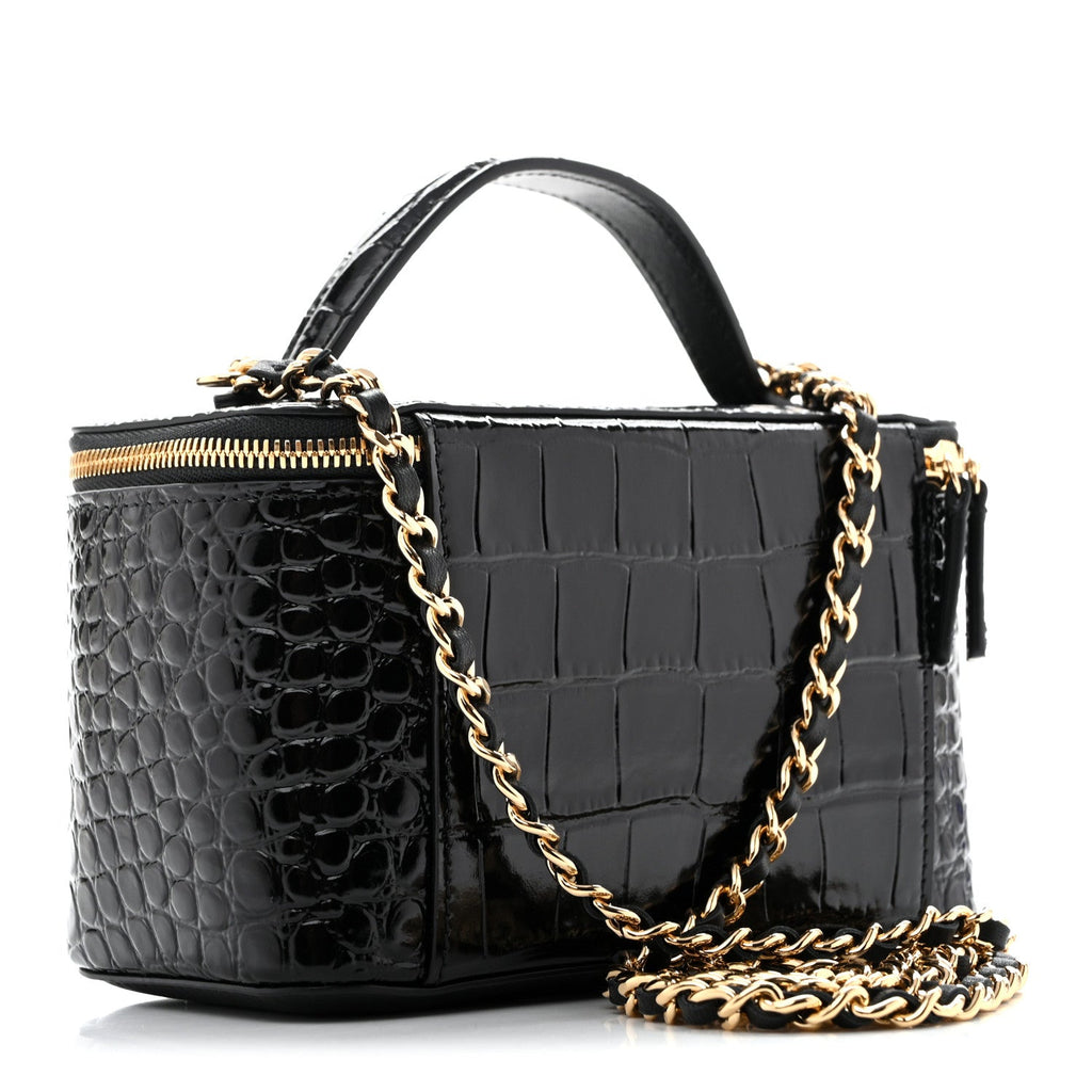 Calfskin Crocodile Embossed Crococo Small Top Handle Vanity Case With Chain Black