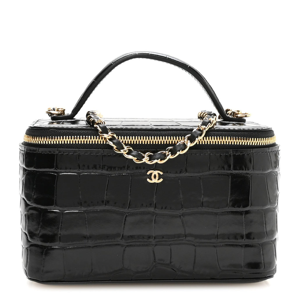 Calfskin Crocodile Embossed Crococo Small Top Handle Vanity Case With Chain Black