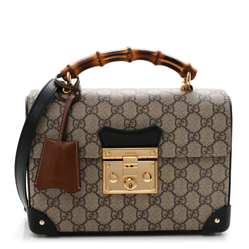 GG Supreme Monogram Small Padlock Bamboo Shoulder Bag Beige Black Cuir