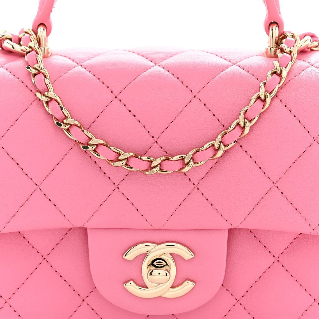 Lambskin Quilted Mini Top Handle Rectangular Flap Light Pink