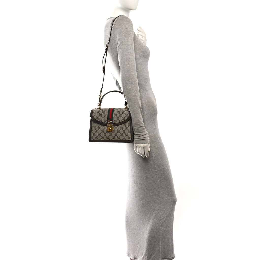 GG Supreme Monogram Textured Dollar Calfskin Web Small Ophidia Padlock Top Handle Bag Beige Ebony New Acero