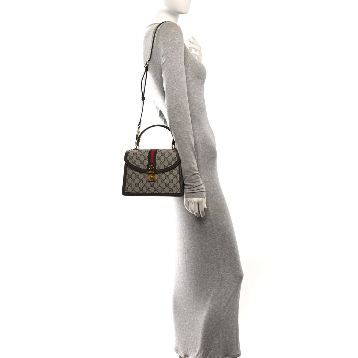 GG Supreme Monogram Textured Dollar Calfskin Web Small Ophidia Padlock Top Handle Bag Beige Ebony New Acero
