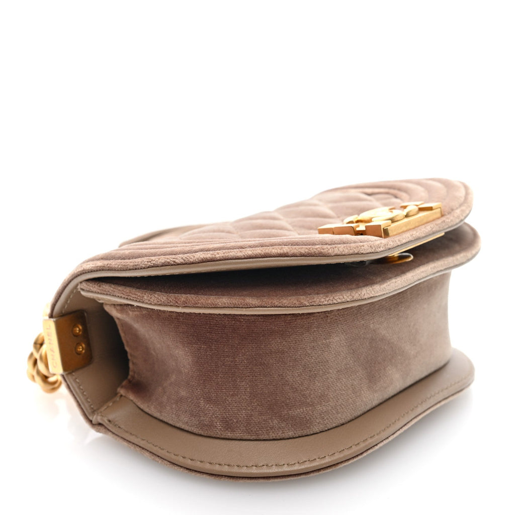 Velvet Quilted Mini Boy Messenger Bag Beige
