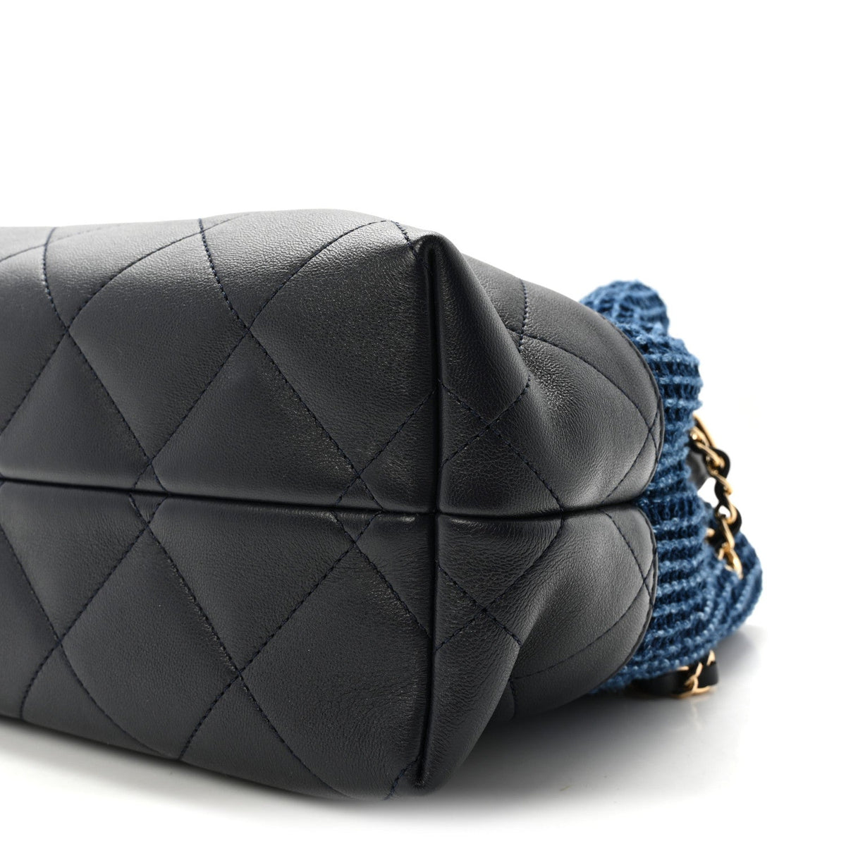 Tweed Shiny Lambskin Quilted Coco Base Small Shopping Bag Dark Blue