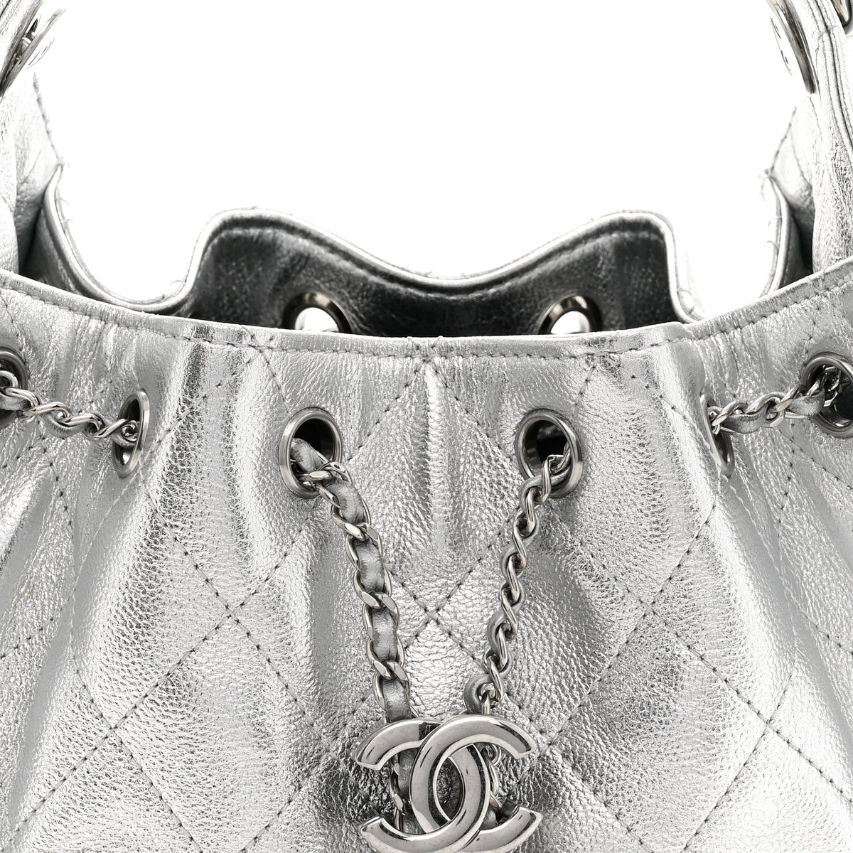 Metallic Caviar Quilted Mini Chanel 25 Handbag Silver