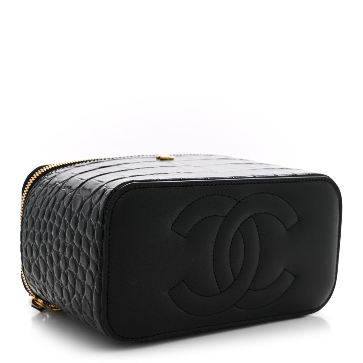 Calfskin Crocodile Embossed Crococo Small Top Handle Vanity Case With Chain Black
