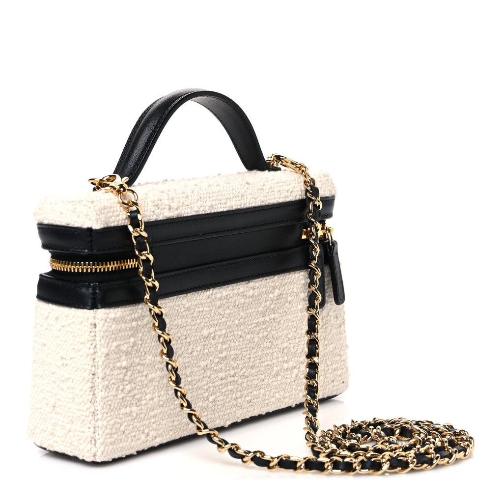 Boucle Calfskin Top Handle Slim Vanity Case With Chain Ecru Black