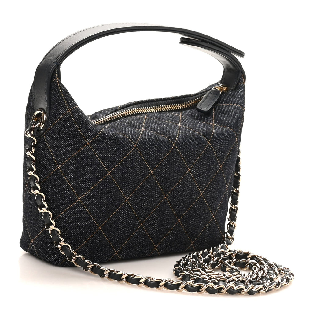 Denim Quilted Hobo Clutch With Chain Dark Blue Orange