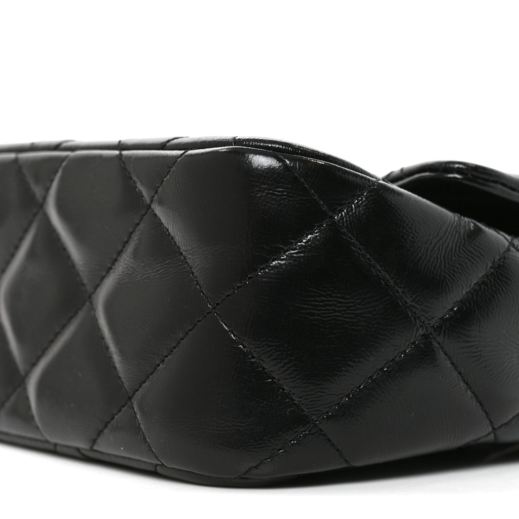 Shiny Lambskin Quilted Twisted Links Top Handle Flap Black
