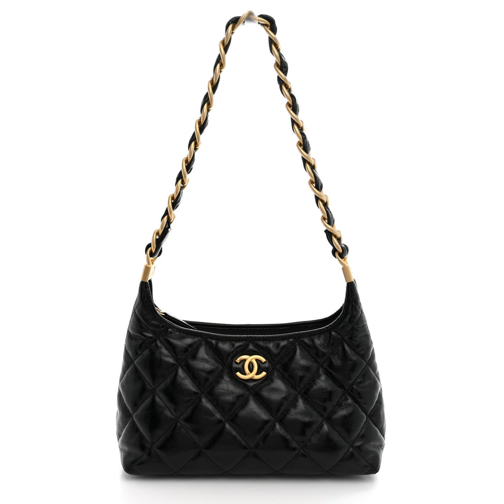 Shiny Crumpled Lambskin Quilted CC Funky Town Hobo Black