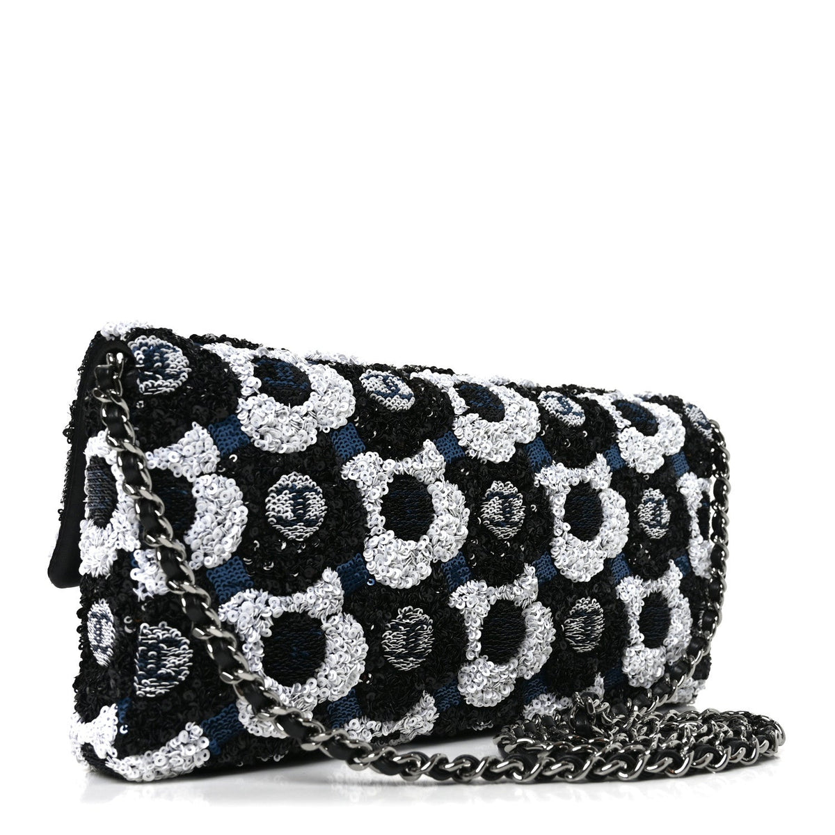 Satin Sequin Embellished Flower East West Flap Black White Blue