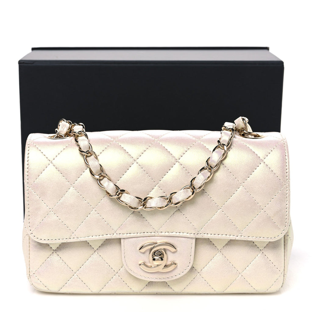 Iridescent Lambskin Quilted Mini Rectangular Flap Ivory