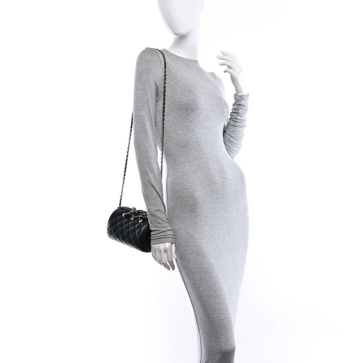 Caviar Quilted Barrel Clutch With Chain  Black