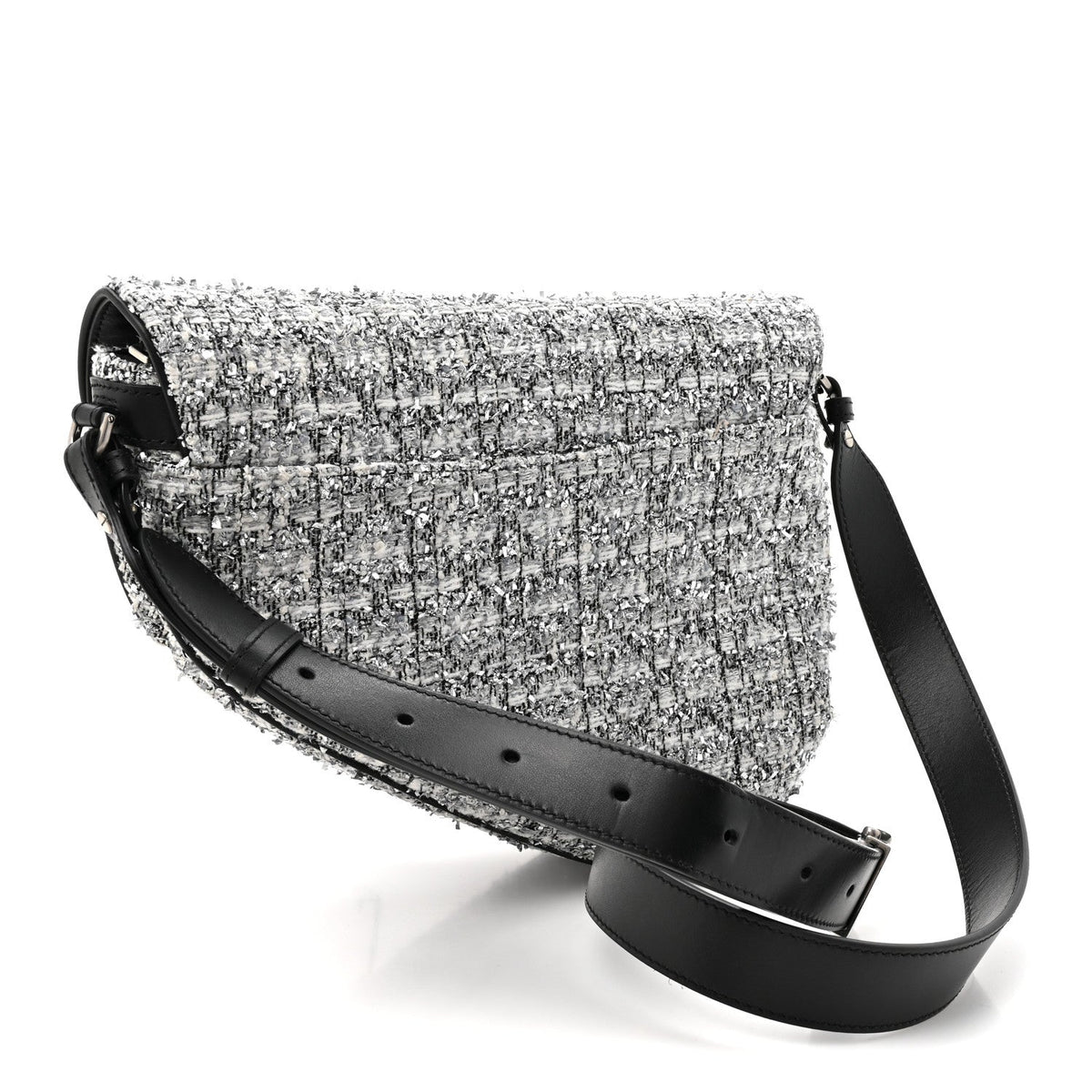 Tweed Saddle Crossbody Bag Black Silver