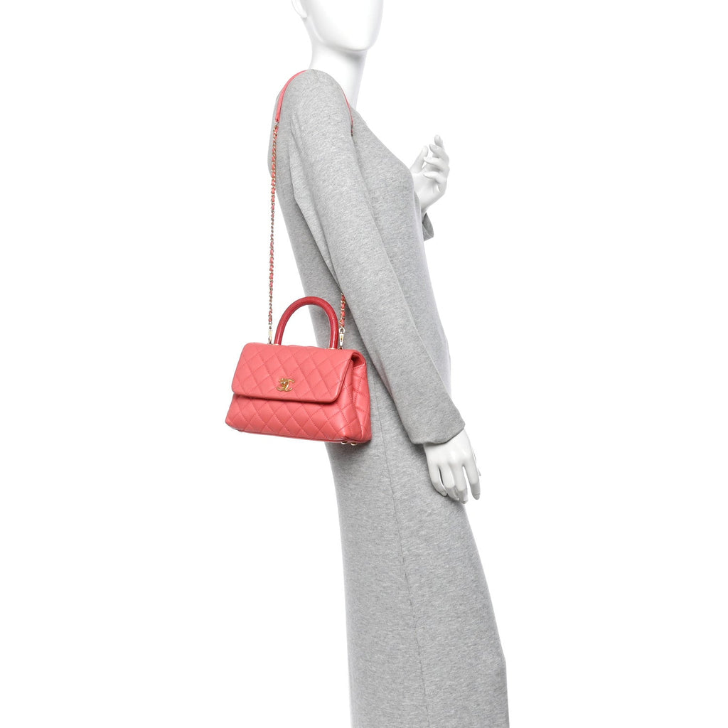 Caviar Lizard Embossed Quilted Mini Coco Handle Flap Pink