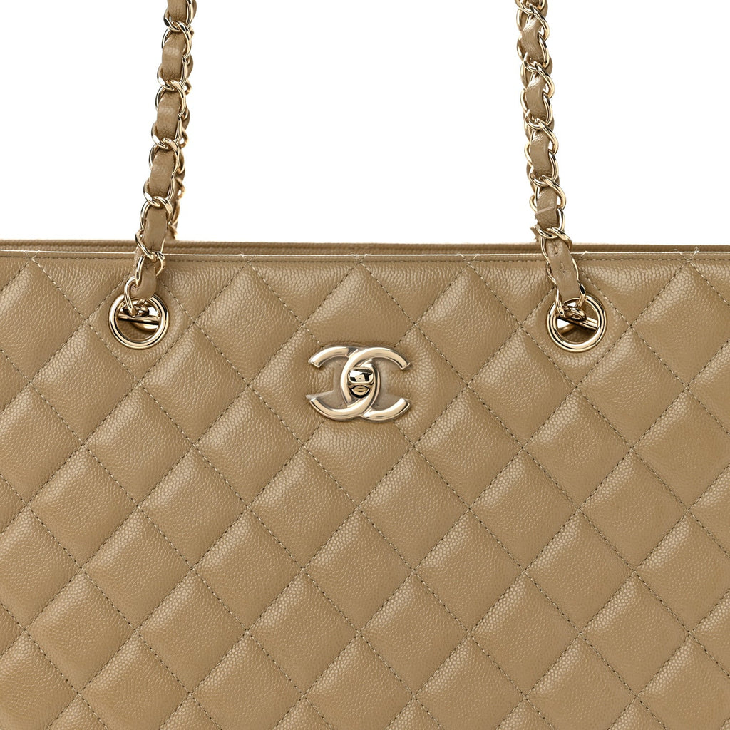 Caviar Quilted Large Shopping Tote Beige
