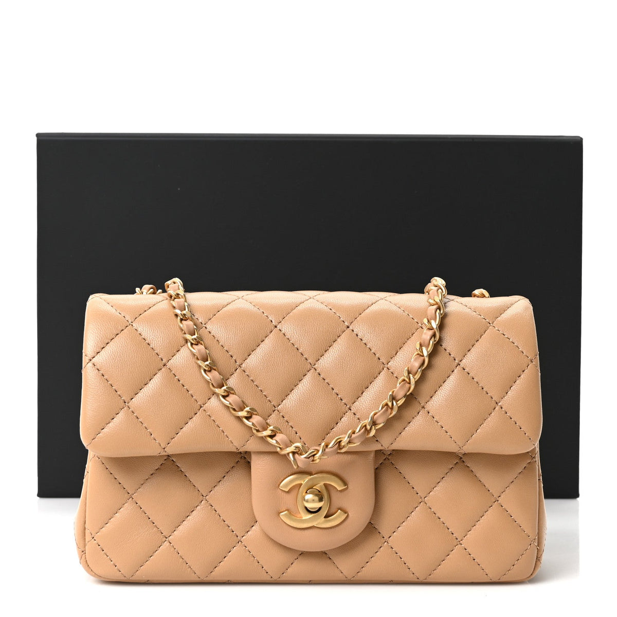 Lambskin Quilted Mini Rectangular Pearl Crush Flap Dark Beige
