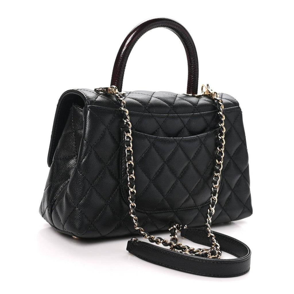 Caviar Quilted Lizard Embossed Mini Coco Handle Flap  Black