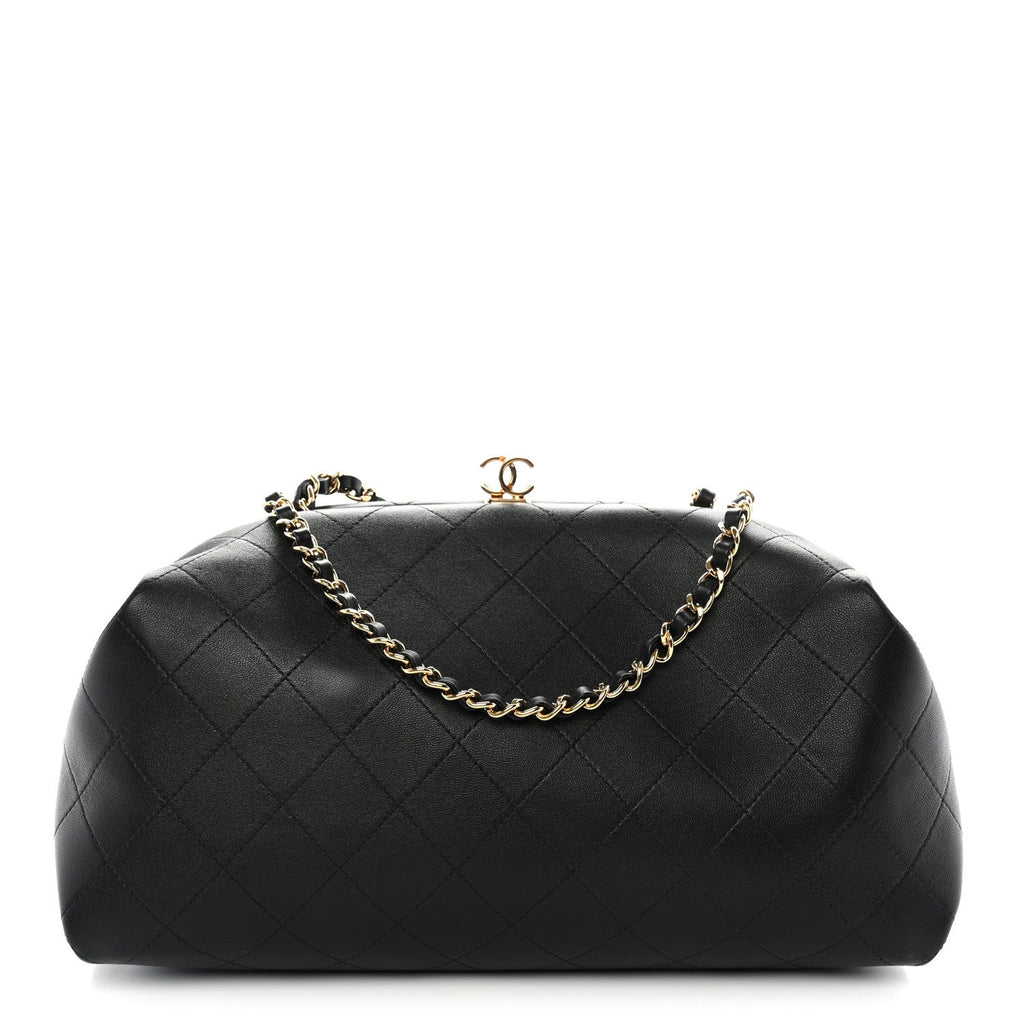 Lambskin Stitched Clutch With Chain Black