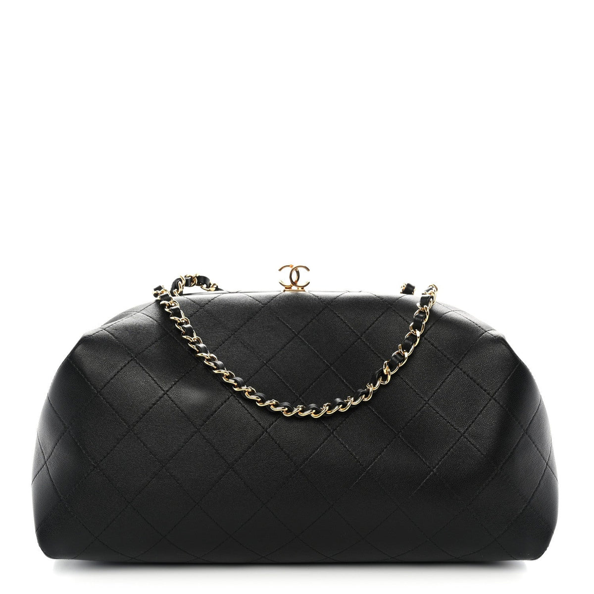 Lambskin Stitched Clutch With Chain Black