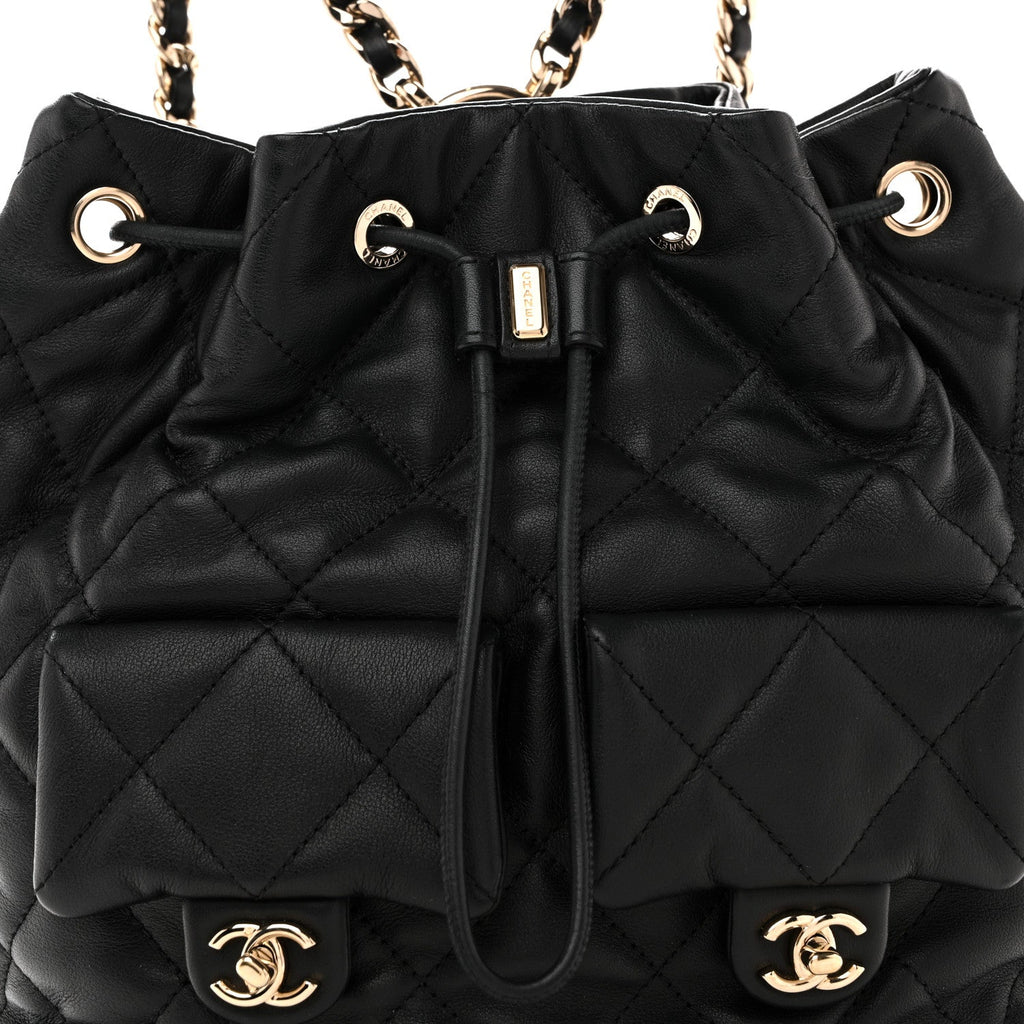 Calfskin Quilted Double Pocket Drawstring Backpack Black