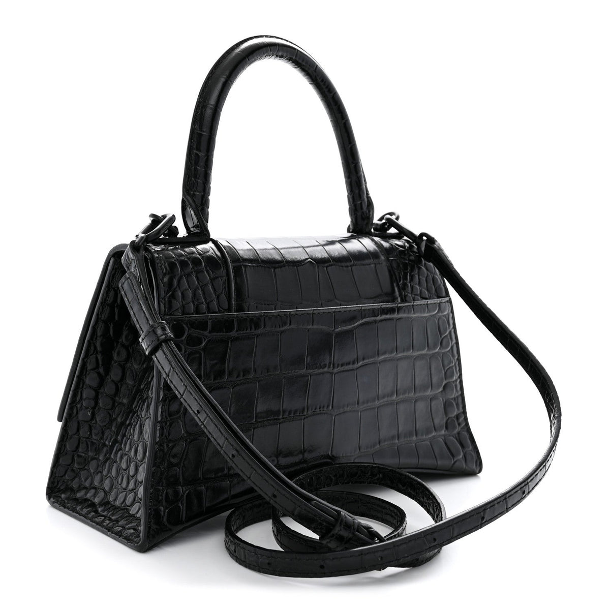 Shiny Calfskin Monochrome Crocodile Embossed Small Hourglass Top Handle Bag Black