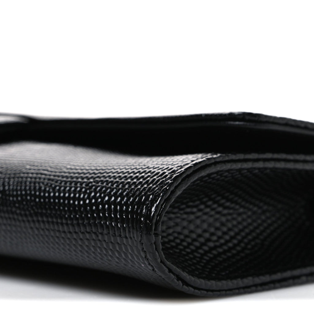Calfskin Lizard Embossed Top Handle Long Clutch With Chain Black