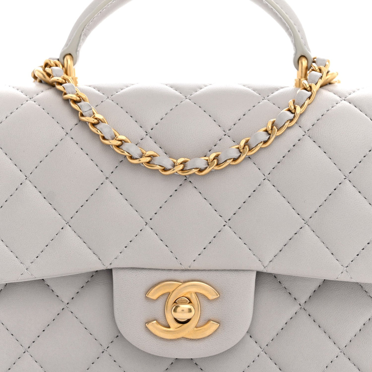 Lambskin Quilted Mini Top Handle Rectangular Flap Grey