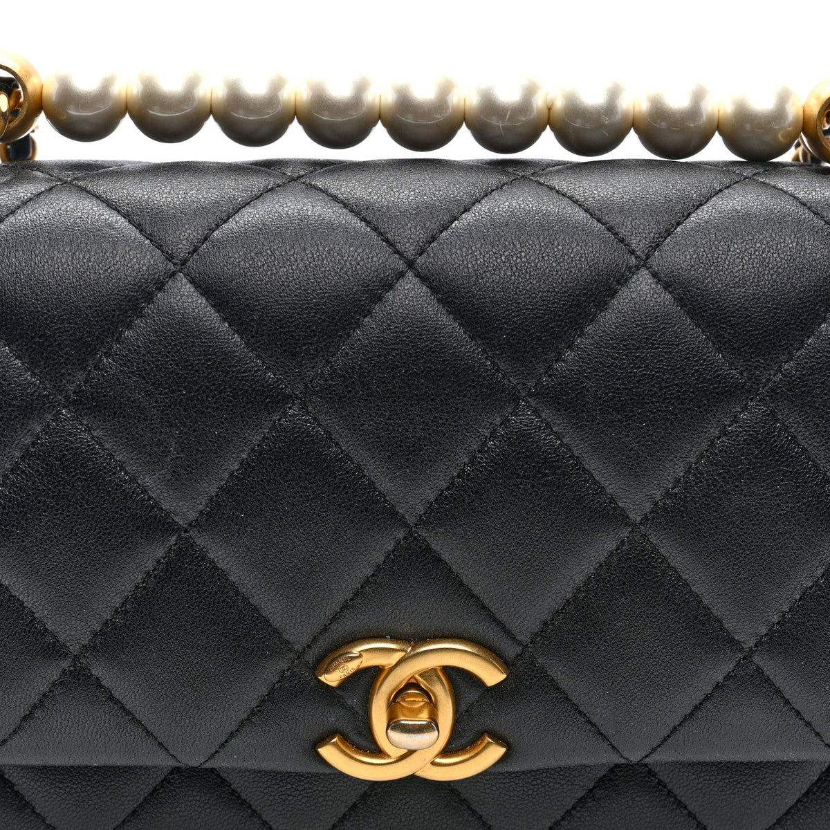 Lambskin Quilted Pearl Handle Flap Black
