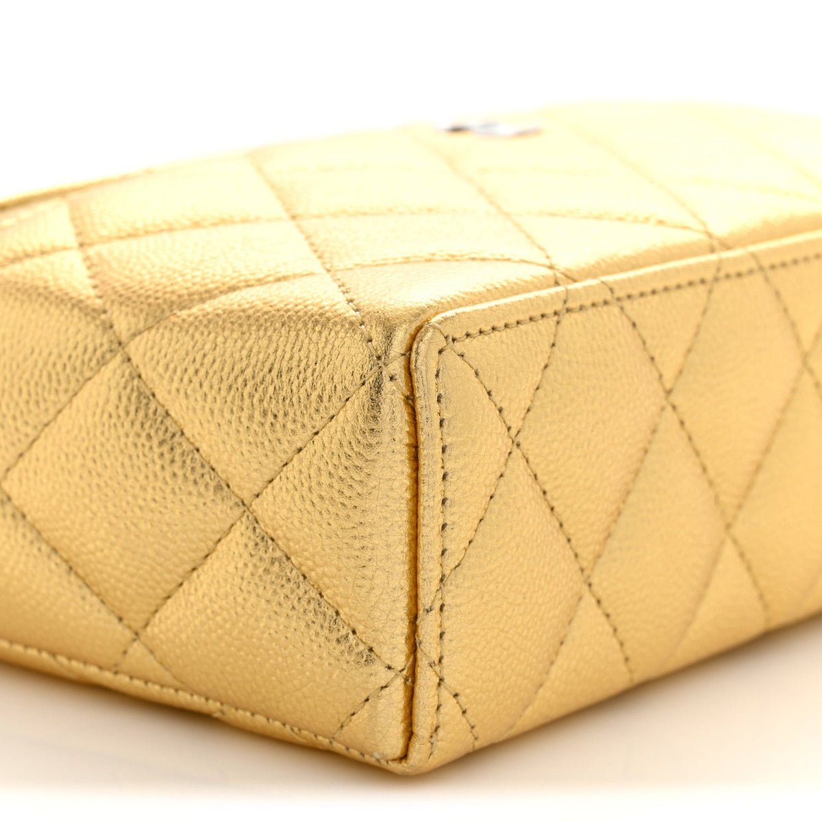 Metallic Caviar Quilted Top Handle Slim Vanity With Chain Gold