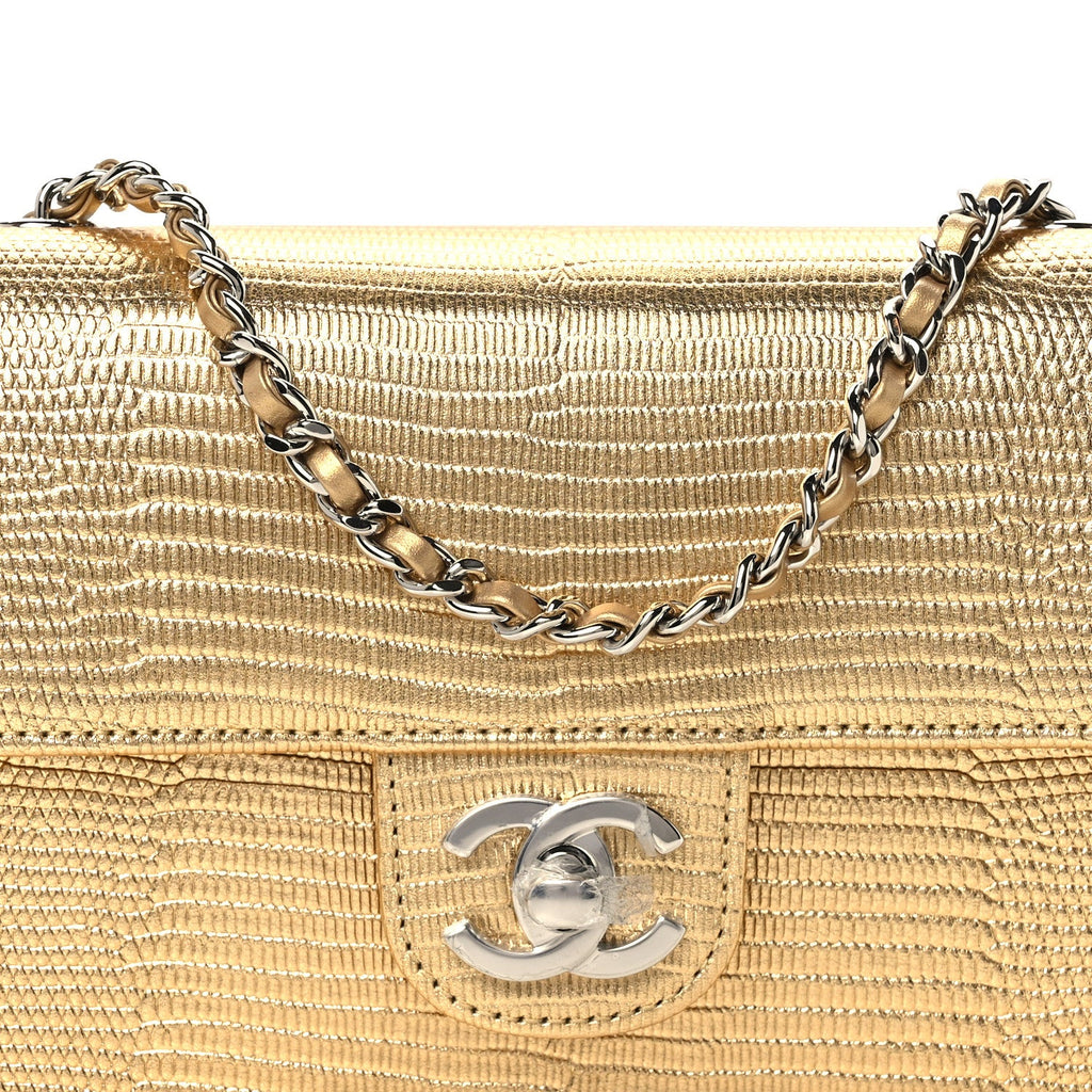 Metallic Calfskin Lizard Embossed Small East West Flap Gold