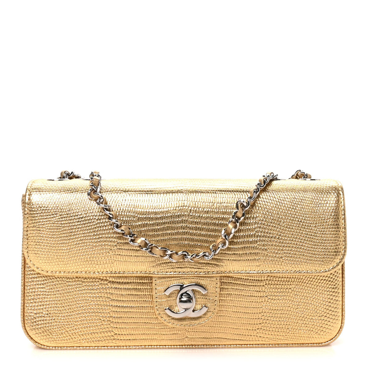 Metallic Calfskin Lizard Embossed Small East West Flap Gold