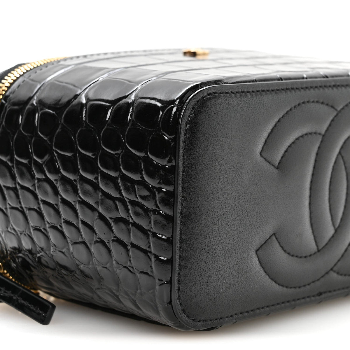 Calfskin Crocodile Embossed Crococo Small Top Handle Vanity Case With Chain Black