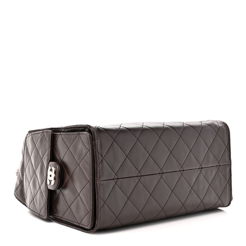 Shiny Crumpled Calfskin Quilted Small Chanel 25 Handbag Dark Brown