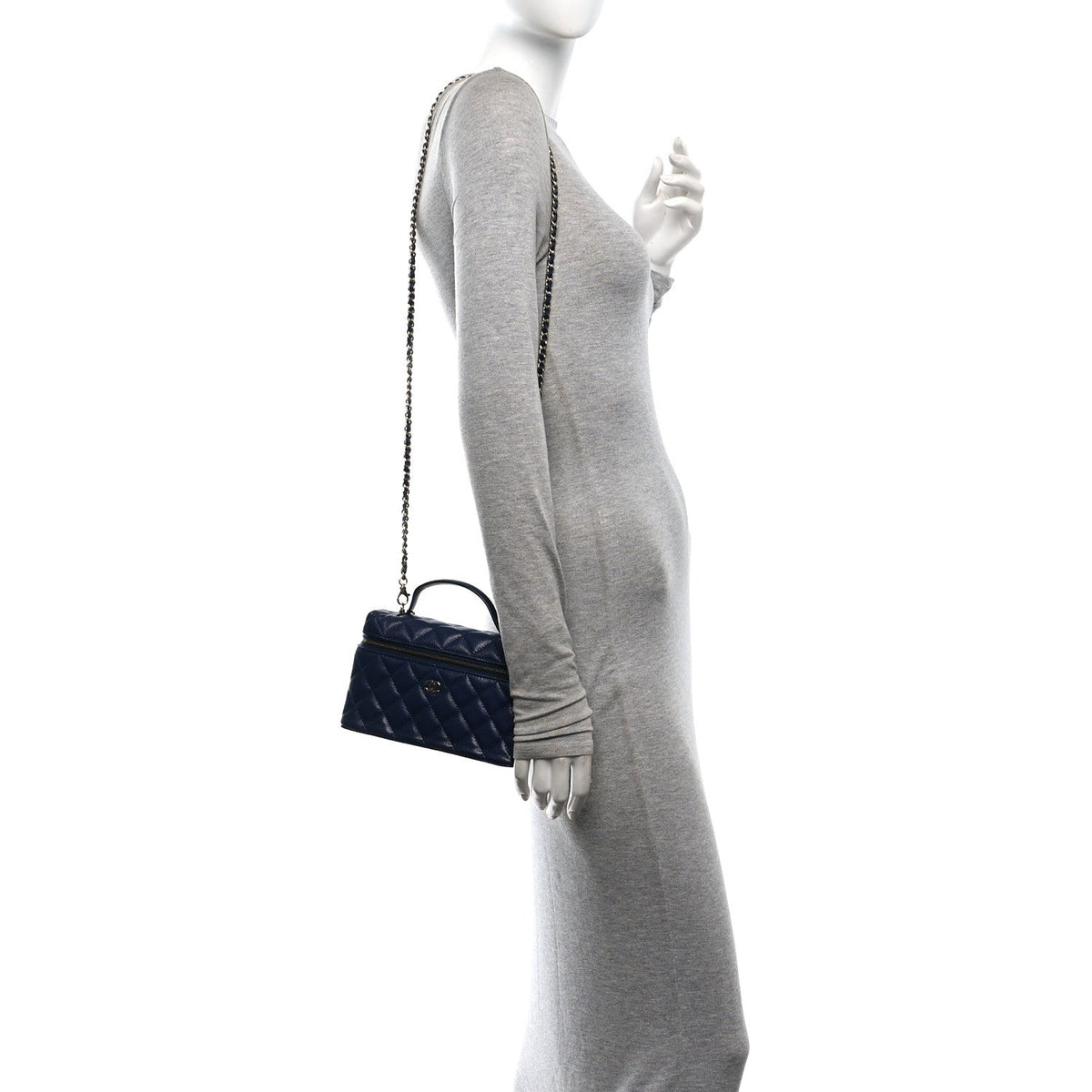 Caviar Quilted Top Handle Slim Vanity With Chain Navy