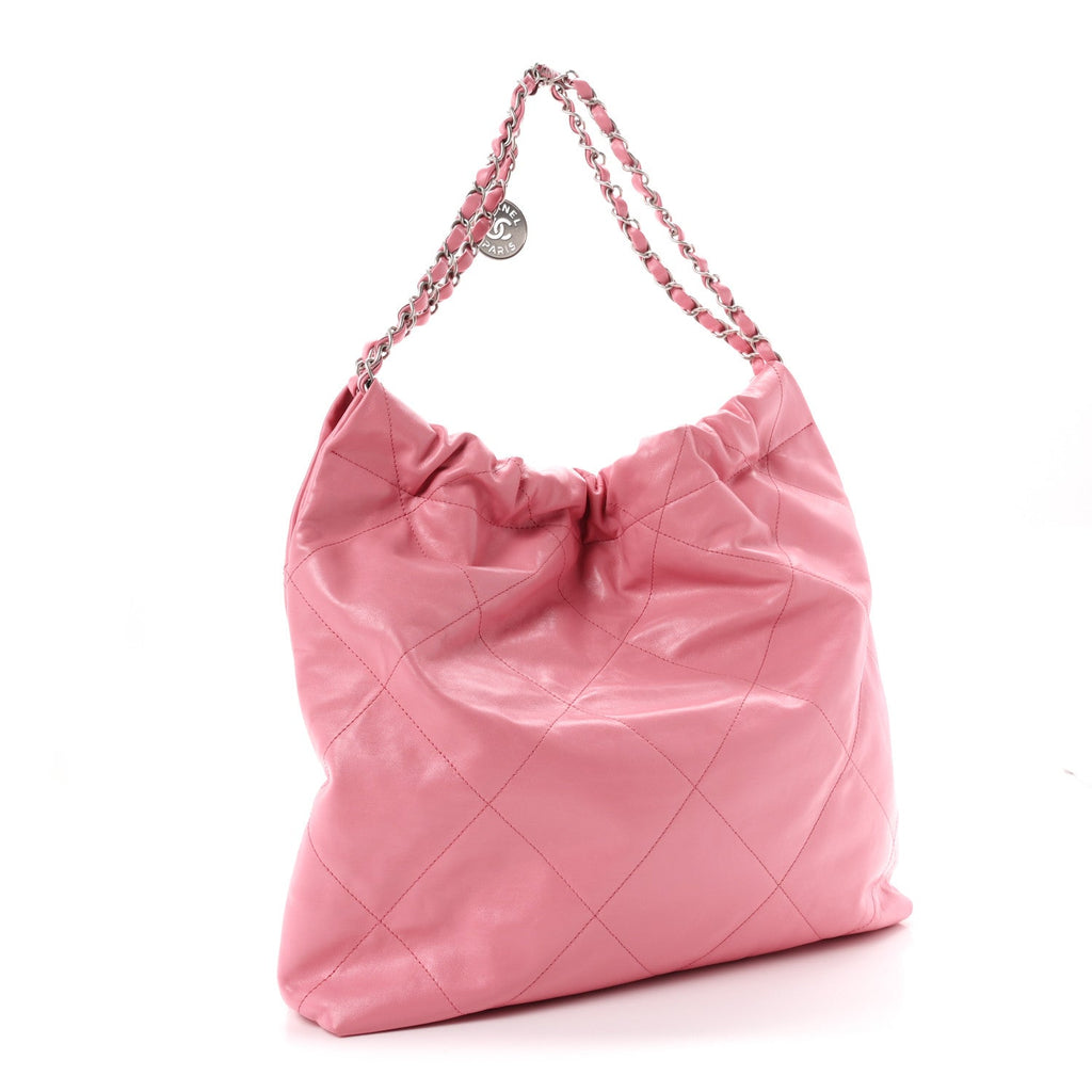 Shiny Calfskin Quilted Chanel 22 Drawstring Bag Pink
