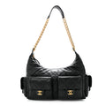Shiny Lambskin Quilted Large Trendy Pockets Hobo Black
