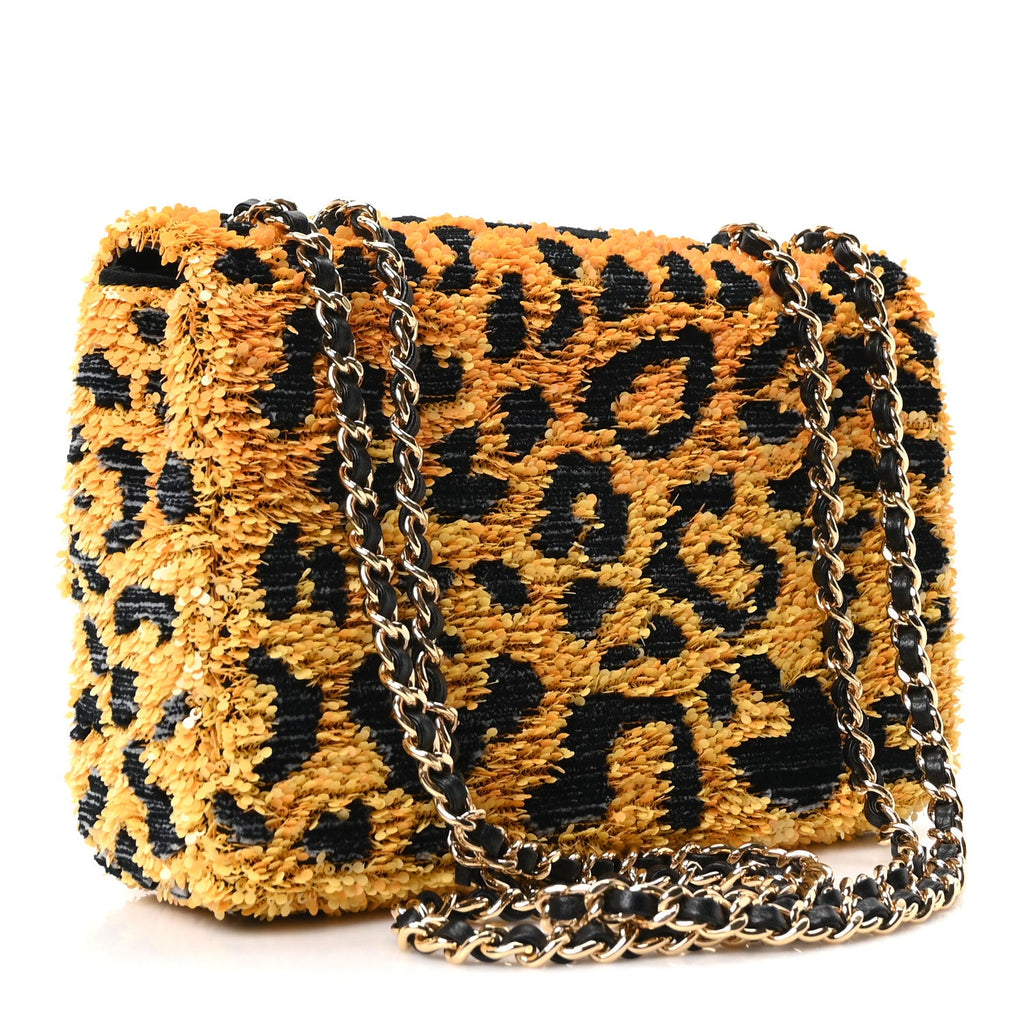 Sequin Mixed Fibers Leopard Print Mini Rectangular Flap Black Orange