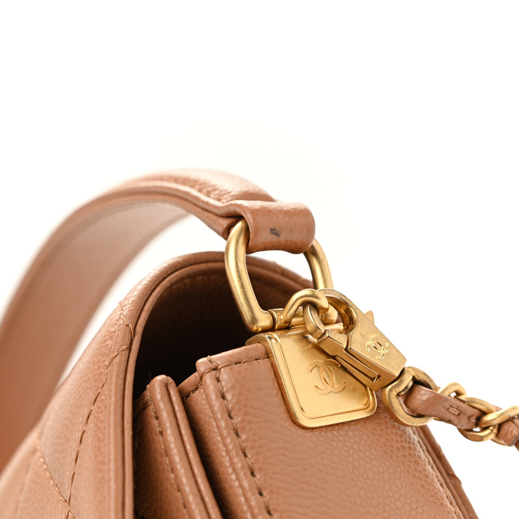 Shiny Caviar Quilted Mini Top Handle Flap Bag Camel