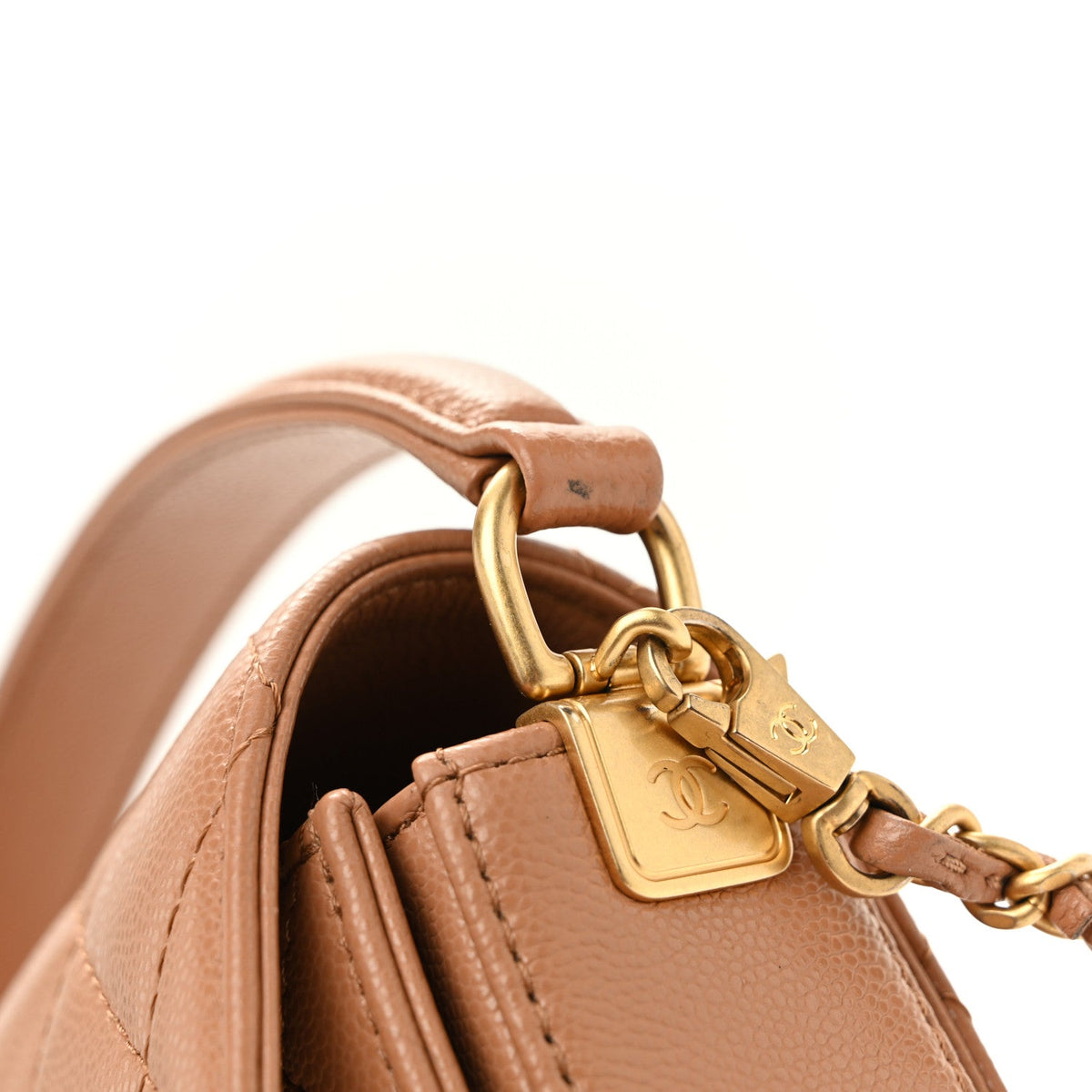 Shiny Caviar Quilted Mini Top Handle Flap Bag Camel